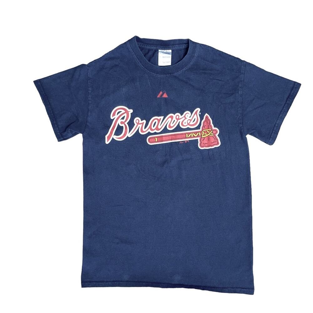 GILDAN Navy Blue Crew Neck Short Sleeve ‘Braves’ T-Shirt Men’s Size Medium